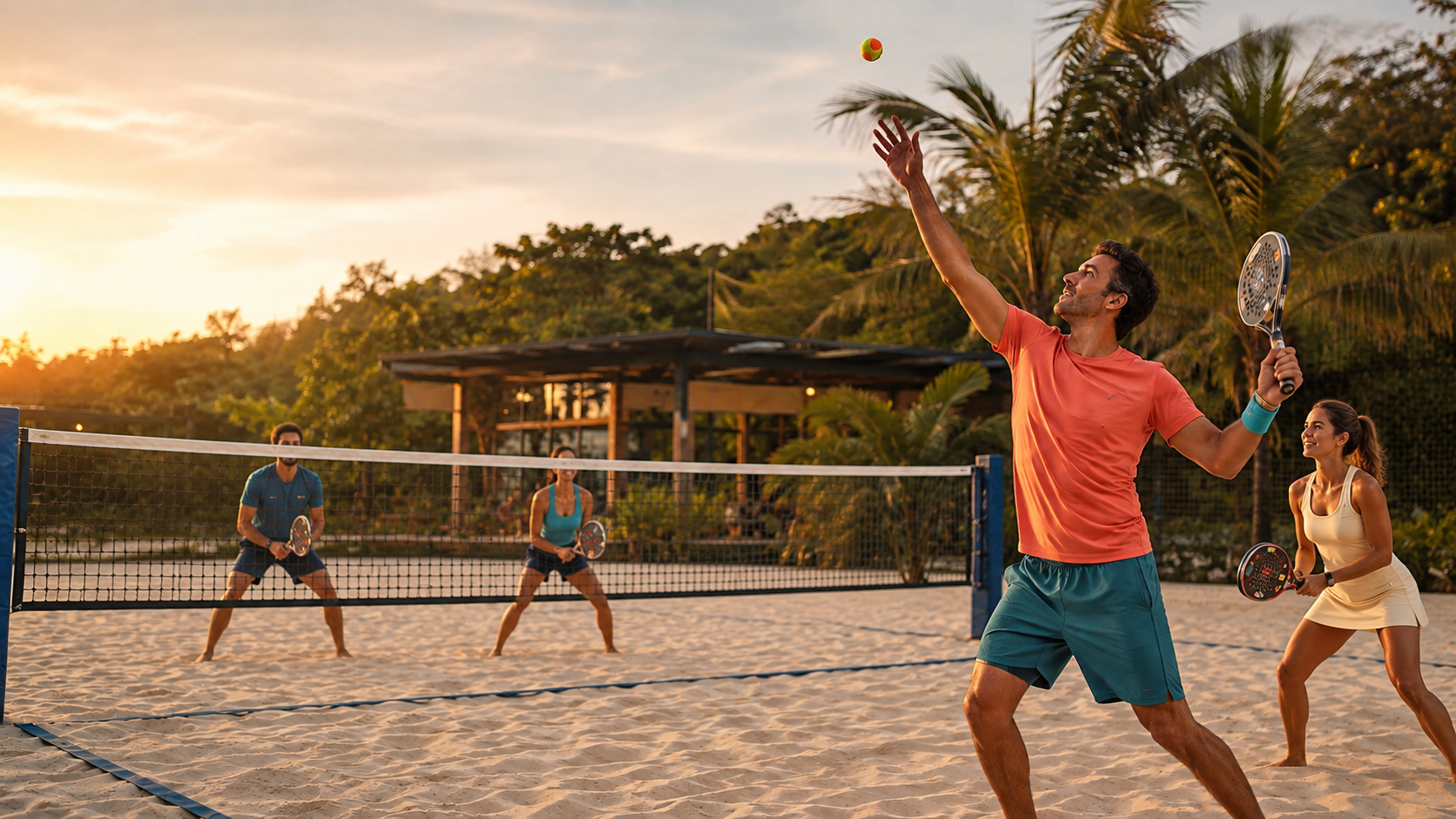 Ilustração de pessoas jogando beach tennis na areia ao pôr do sol